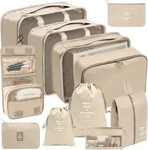 11Pcs/Set Travel Essentials Luggage Packing Cubes Organizers Multifunctional Clothing Underwear Storage Bag(Beige)