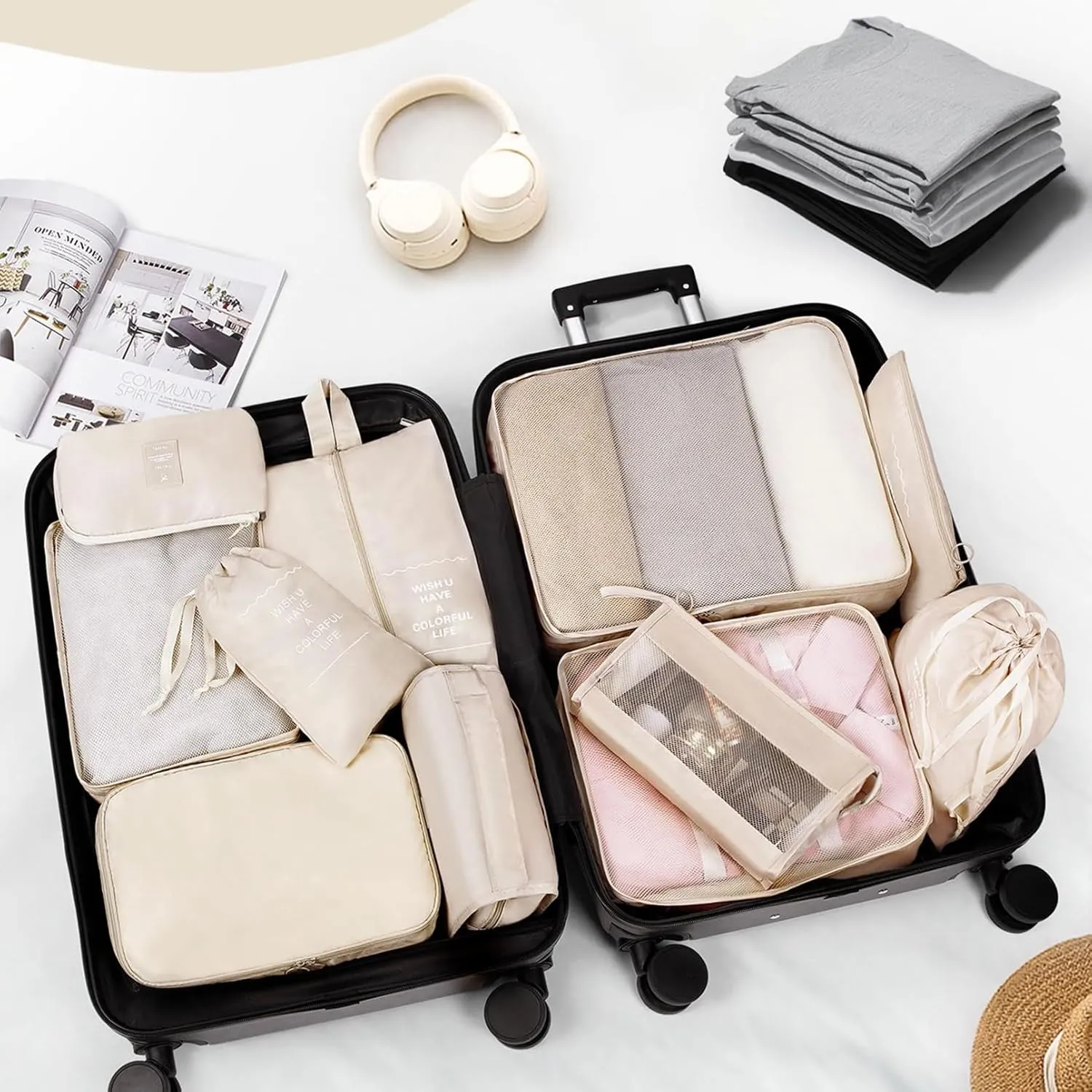 11Pcs/Set Travel Essentials Luggage Packing Cubes Organizers Multifunctional Clothing Underwear Storage Bag(Beige)
