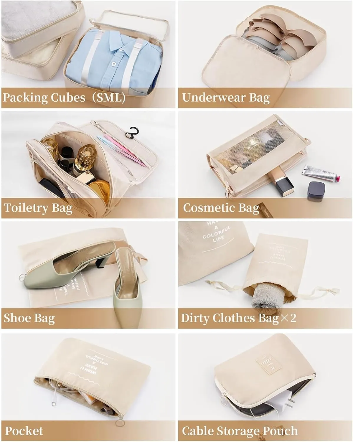 11Pcs/Set Travel Essentials Luggage Packing Cubes Organizers Multifunctional Clothing Underwear Storage Bag(Beige)