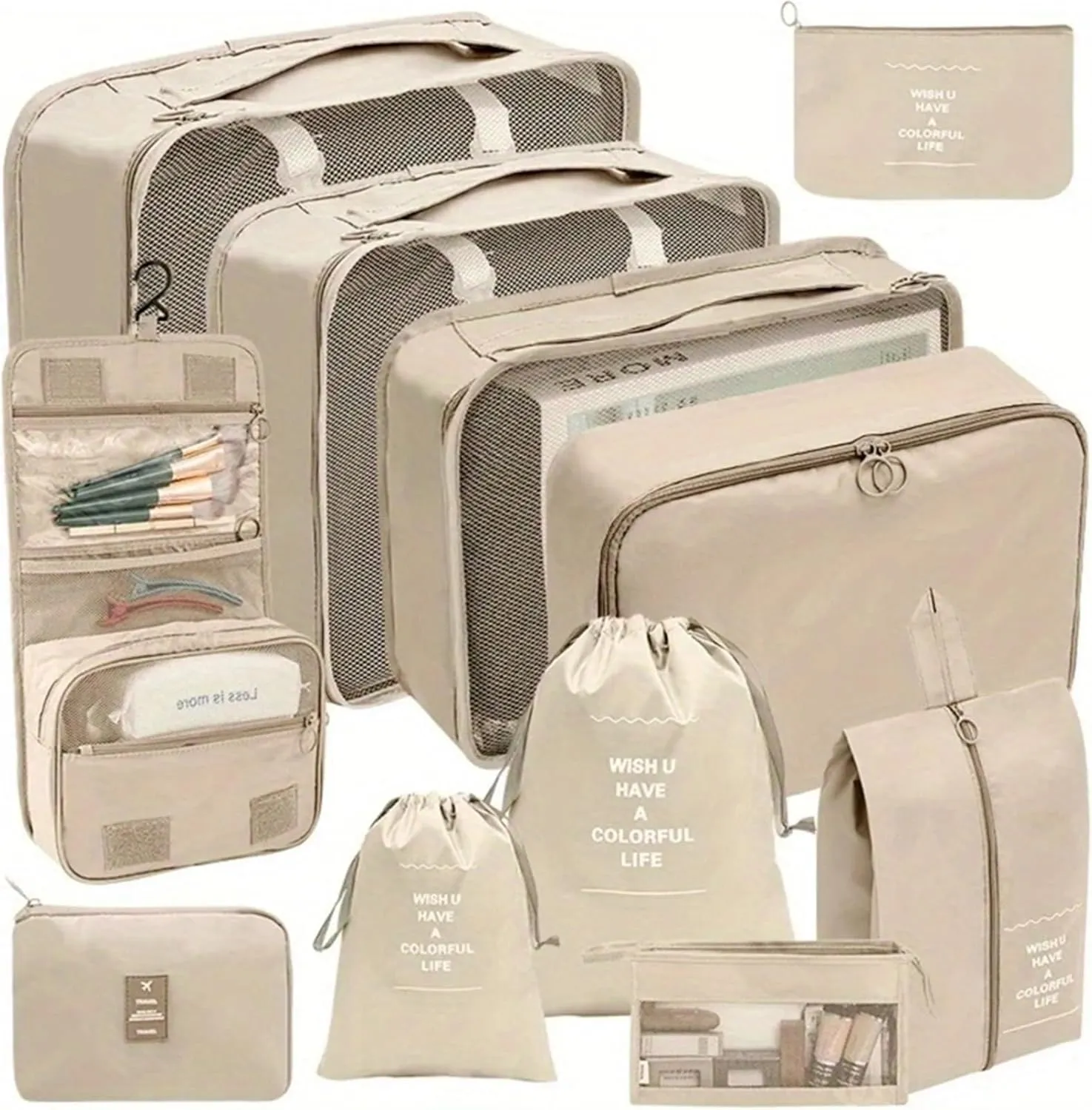 11Pcs/Set Travel Essentials Luggage Packing Cubes Organizers Multifunctional Clothing Underwear Storage Bag(Beige)