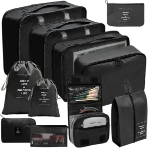 11Pcs/Set Travel Essentials Luggage Packing Cubes Organizers Multifunctional Clothing Underwear Storage Bag(Black)
