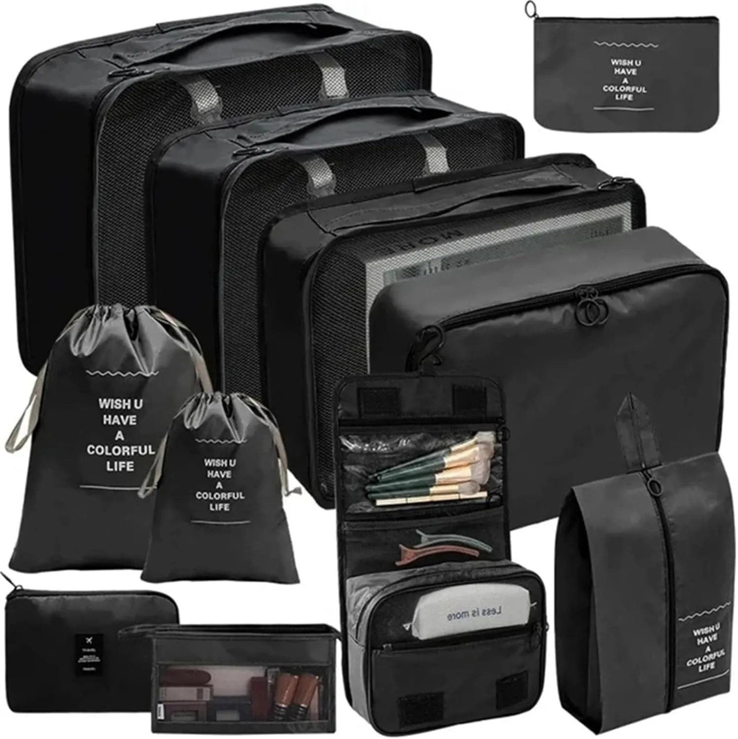 11Pcs/Set Travel Essentials Luggage Packing Cubes Organizers Multifunctional Clothing Underwear Storage Bag(Black)