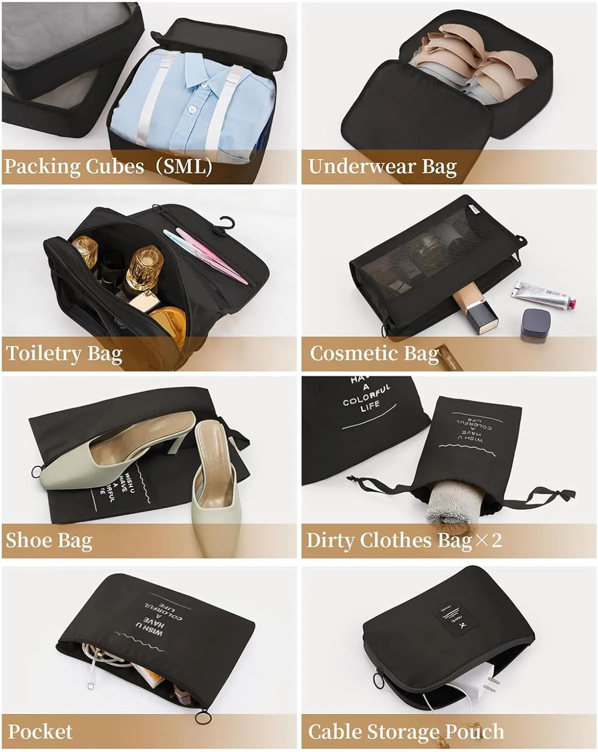 11Pcs/Set Travel Essentials Luggage Packing Cubes Organizers Multifunctional Clothing Underwear Storage Bag(Black)