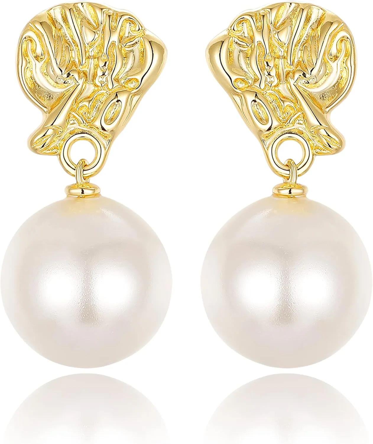 12mm Big Pearl Dangle Earrings Studs - Gold Plated 925 Sterling Silver Pearl Earrings - Hypoallergenic Natural Shell Pearl Drop Earrings - Art Deco Wedding Earrings For Women - Vintage Valentines Gifts For Her