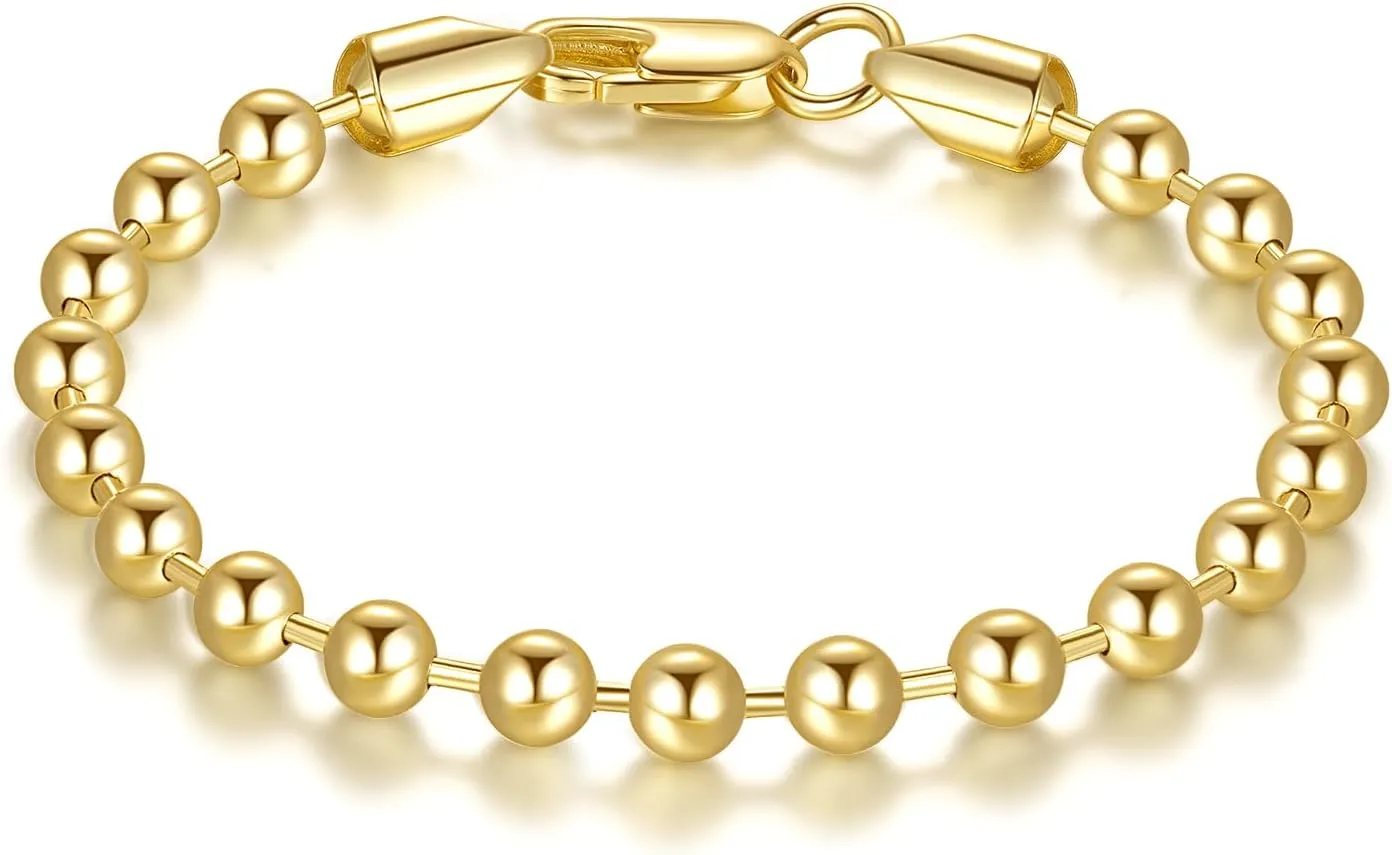 14K Gold Bracelets for Women Bracelets for Men Simple 5mm Bead Chain Bracelet for Women Gold Jewelry Presents for Men 6.5/7/7.5/8/9 (8.5in)