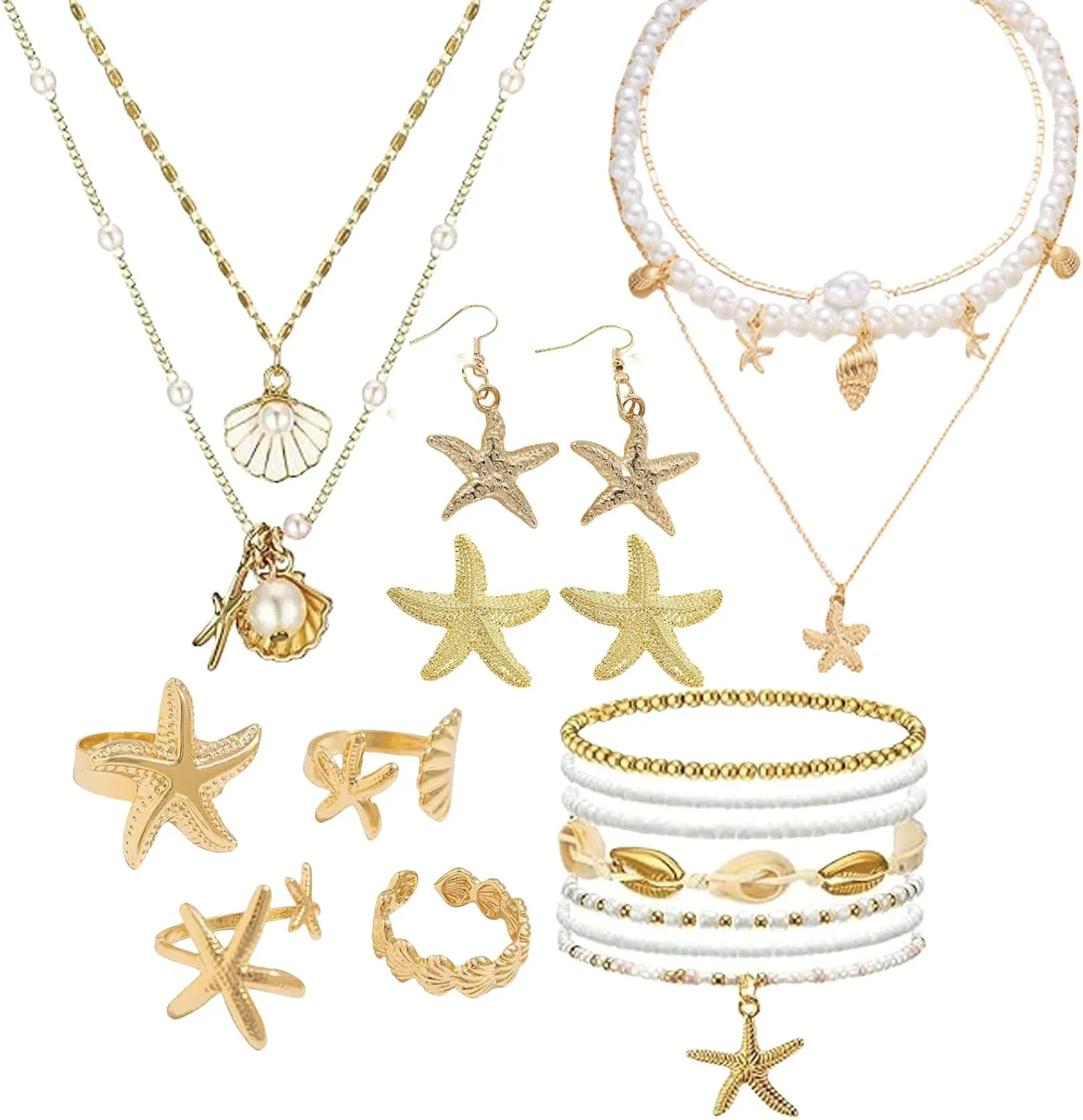 15 Pcs Bohemian Gold-Plated Jewelry Set with Shell & Starfish Beach Charms, Layered Necklace & Anklet for Summer Holiday Gifts