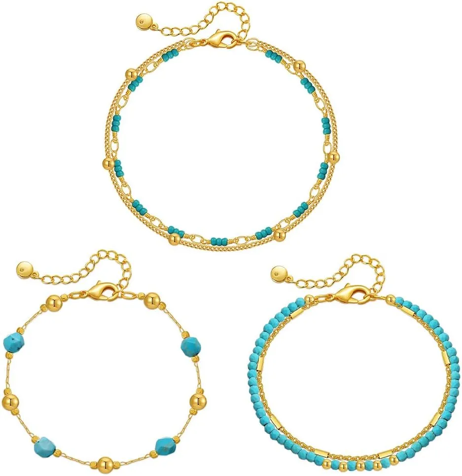 18K Gold Plated Bracelets for Women Turquoise Beaded Chain Bracelets Dainty Layered Bracelets