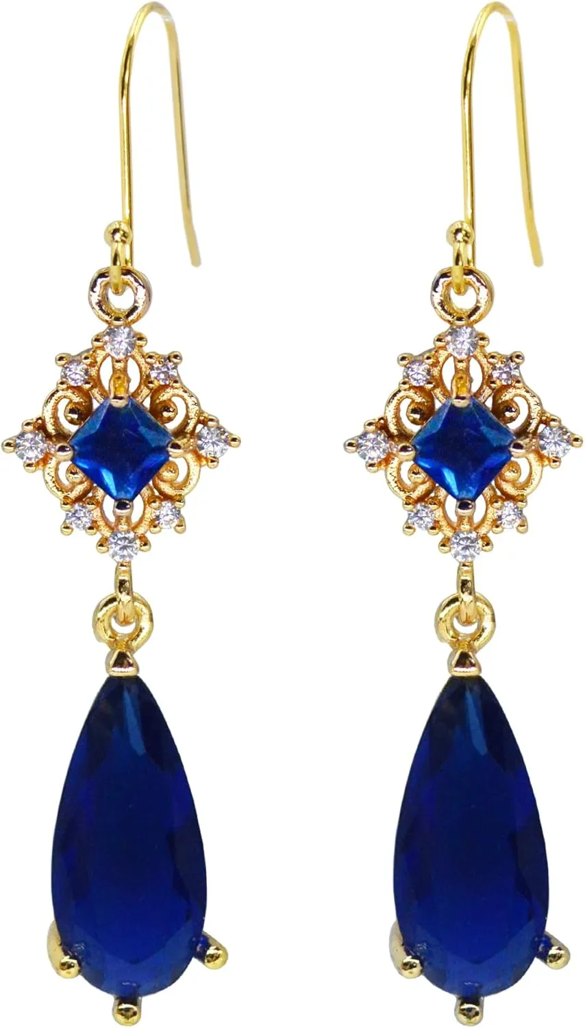 18K Gold Plated Royal Blue Imitation Sapphire Earrings for Women Vintage Glass Dangle Teardrop Earrings Jewelry for Women Bridal Wedding Earrings