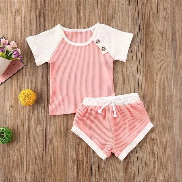 2020 Toddler Baby Boys Girls Summer Clothing Newborn Kids Baby Girls Ribbed Knitted Short Sleeve T-shirts Shorts Tracksuits Sets