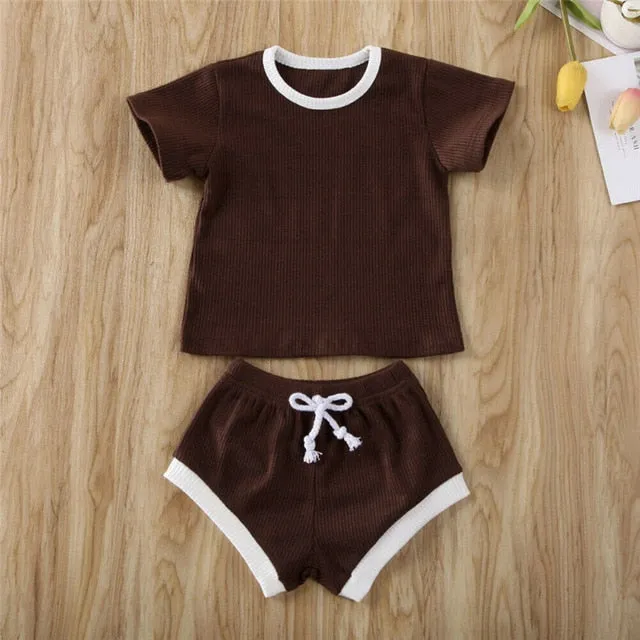 2020 Toddler Baby Boys Girls Summer Clothing Newborn Kids Baby Girls Ribbed Knitted Short Sleeve T-shirts Shorts Tracksuits Sets