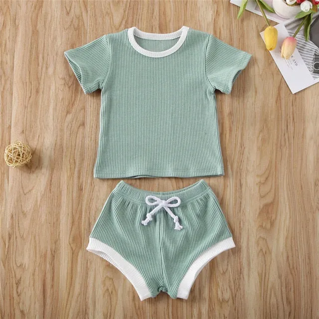 2020 Toddler Baby Boys Girls Summer Clothing Newborn Kids Baby Girls Ribbed Knitted Short Sleeve T-shirts Shorts Tracksuits Sets