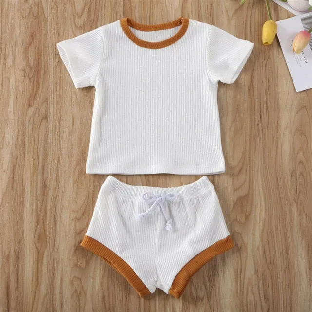 2020 Toddler Baby Boys Girls Summer Clothing Newborn Kids Baby Girls Ribbed Knitted Short Sleeve T-shirts Shorts Tracksuits Sets
