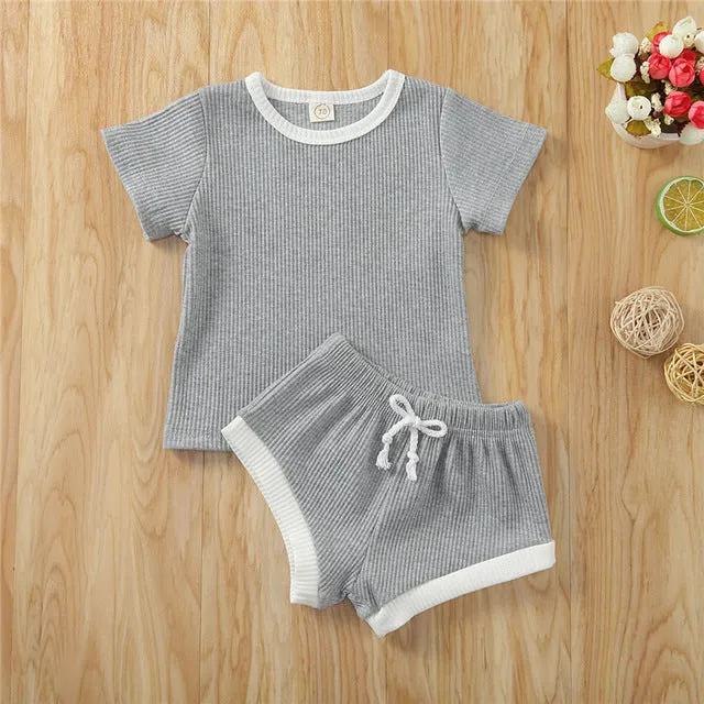 2020 Toddler Baby Boys Girls Summer Clothing Newborn Kids Baby Girls Ribbed Knitted Short Sleeve T-shirts Shorts Tracksuits Sets