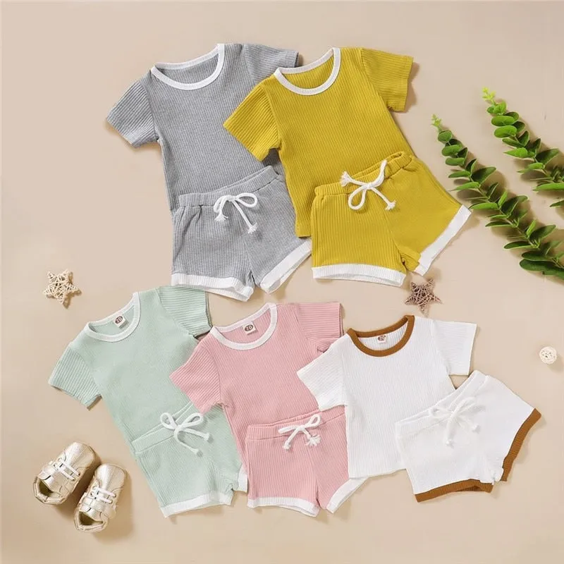 2020 Toddler Baby Boys Girls Summer Clothing Newborn Kids Baby Girls Ribbed Knitted Short Sleeve T-shirts Shorts Tracksuits Sets