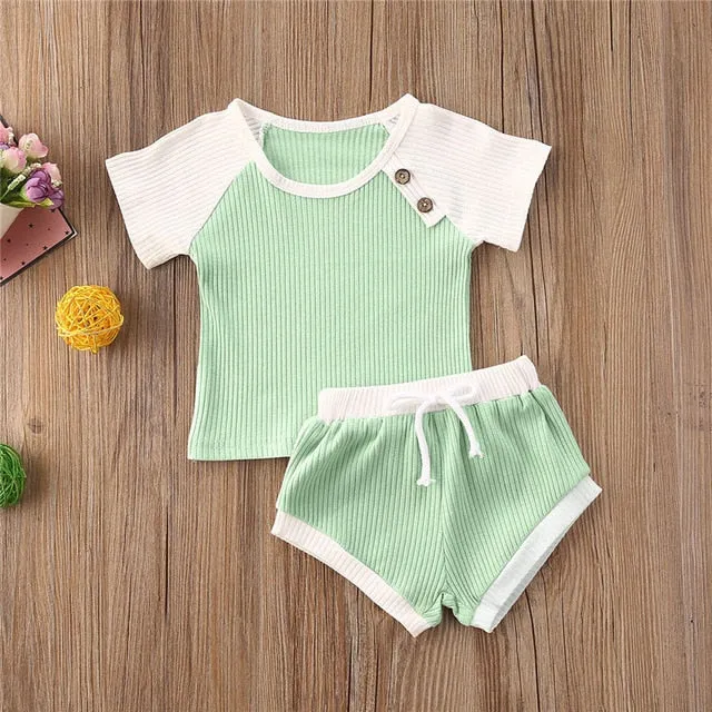 2020 Toddler Baby Boys Girls Summer Clothing Newborn Kids Baby Girls Ribbed Knitted Short Sleeve T-shirts Shorts Tracksuits Sets