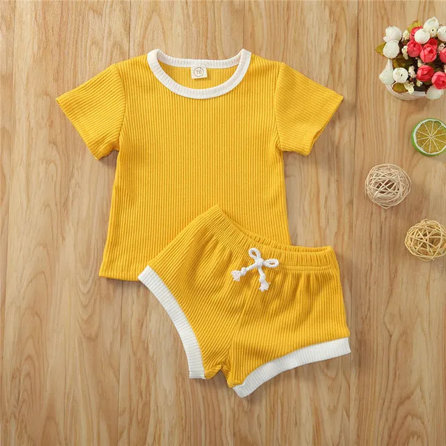 2020 Toddler Baby Boys Girls Summer Clothing Newborn Kids Baby Girls Ribbed Knitted Short Sleeve T-shirts Shorts Tracksuits Sets