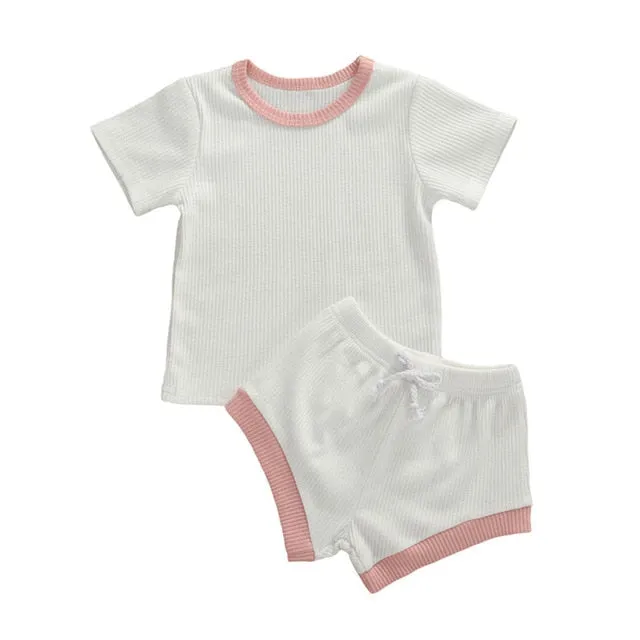 2020 Toddler Baby Boys Girls Summer Clothing Newborn Kids Baby Girls Ribbed Knitted Short Sleeve T-shirts Shorts Tracksuits Sets