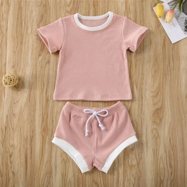 2020 Toddler Baby Boys Girls Summer Clothing Newborn Kids Baby Girls Ribbed Knitted Short Sleeve T-shirts Shorts Tracksuits Sets