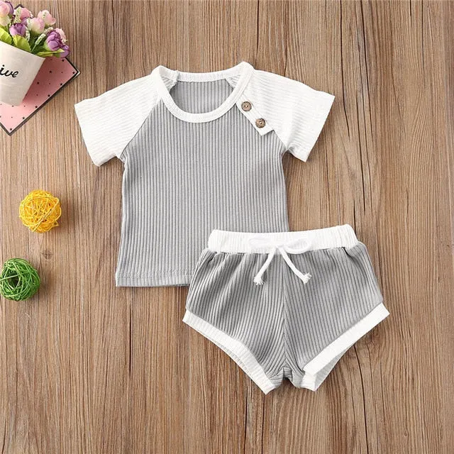 2020 Toddler Baby Boys Girls Summer Clothing Newborn Kids Baby Girls Ribbed Knitted Short Sleeve T-shirts Shorts Tracksuits Sets