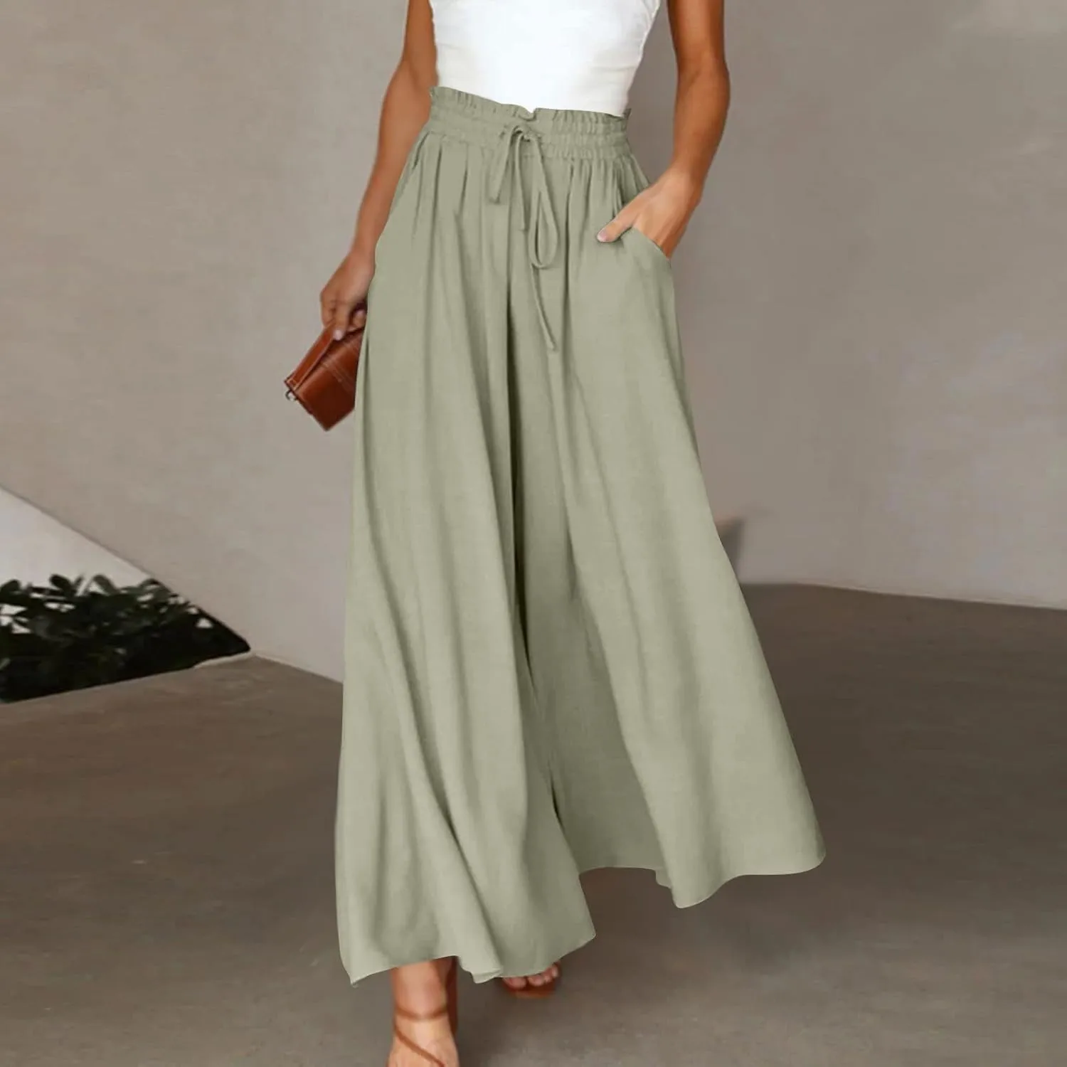 2024 High Waist Pants Solid Color Womens Spring Pleated Wide Leg Basic with Belt Daily Dressy Casual Trousers