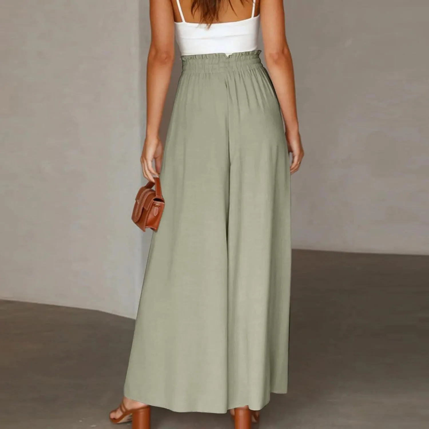 2024 High Waist Pants Solid Color Womens Spring Pleated Wide Leg Basic with Belt Daily Dressy Casual Trousers