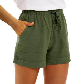 2024 Womens Linen Drawstring Shorts High Waisted Casual Loose Straight Leg Shorts Quick Dry Athletic Shorts with Pockets