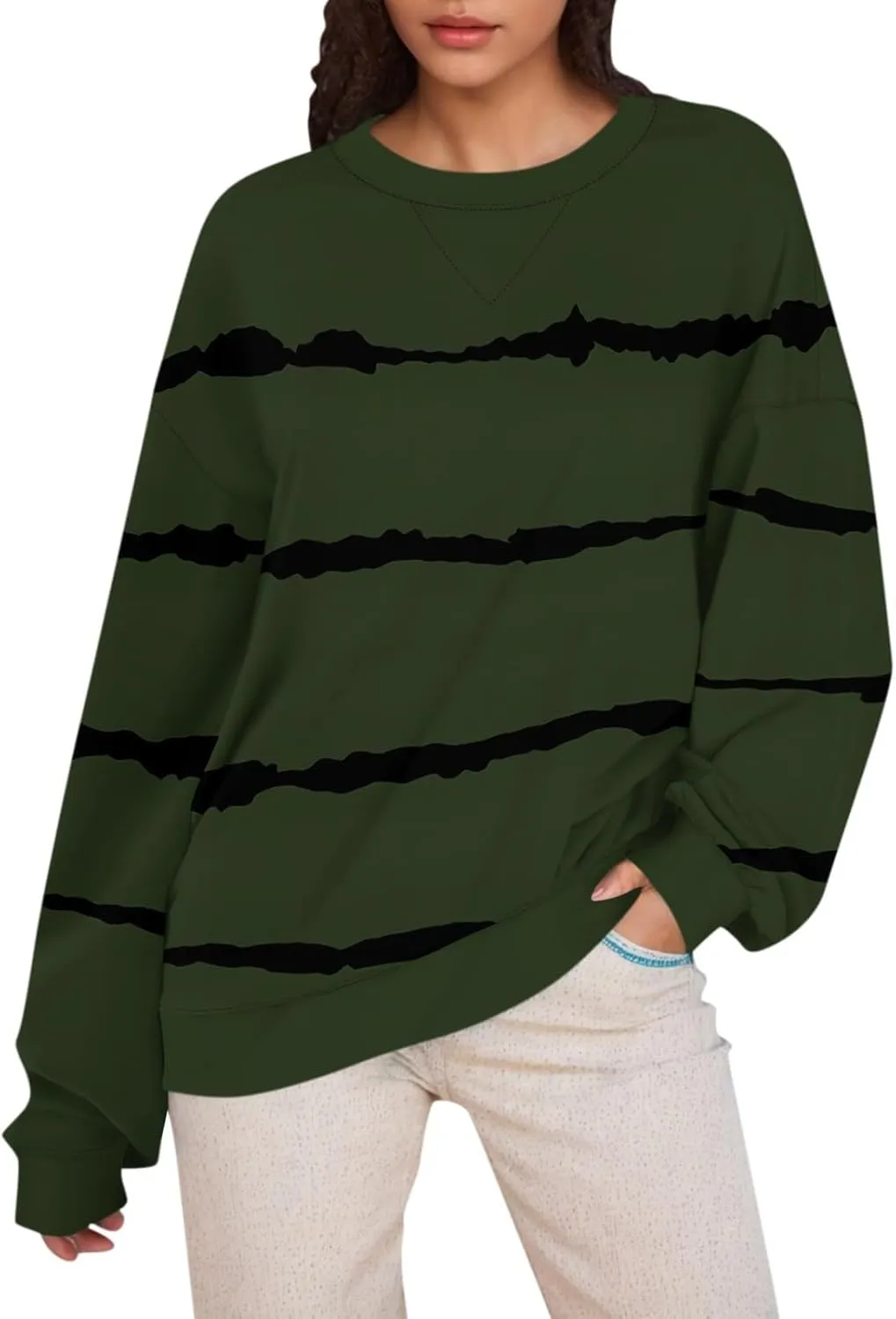 2024 Womens Oversized Graphic Crewneck Sweatshirt Long Sleeve Color Block Pullover Tops Casual Loose Shirt Fashion
