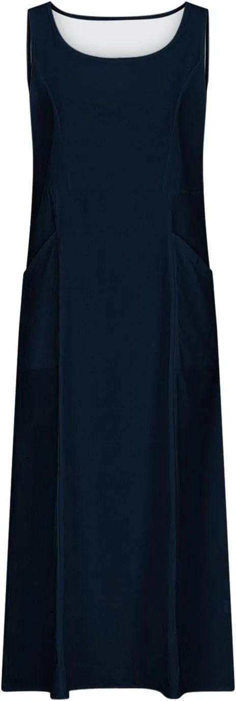 2025 Spring Long Dress for Women Sleeveless Round Neck Pleated Dress Ladies Solid Color Vacation Dresses with Pockets