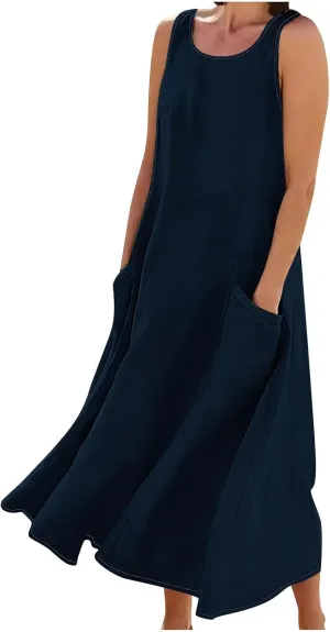 2025 Spring Long Dress for Women Sleeveless Round Neck Pleated Dress Ladies Solid Color Vacation Dresses with Pockets