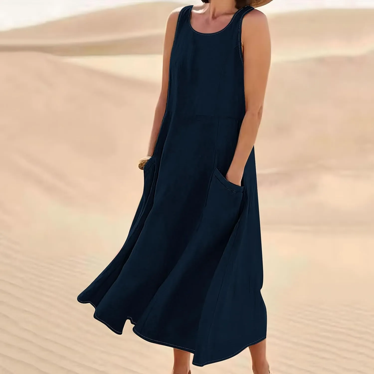 2025 Spring Long Dress for Women Sleeveless Round Neck Pleated Dress Ladies Solid Color Vacation Dresses with Pockets