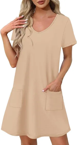 2025 Summer Dresses for Women Solid Color Short Sleeve Pleated A-Linen Dress Casual V-Neck Comfy Soft Home Dress