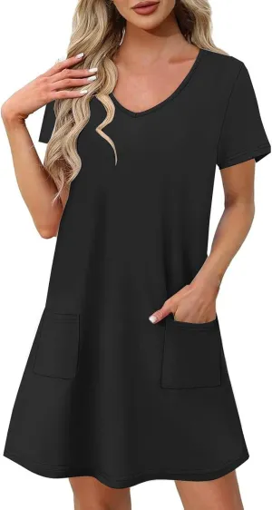 2025 Summer Dresses for Women Solid Color Short Sleeve Pleated A-Linen Dress Casual V-Neck Comfy Soft Home Dress