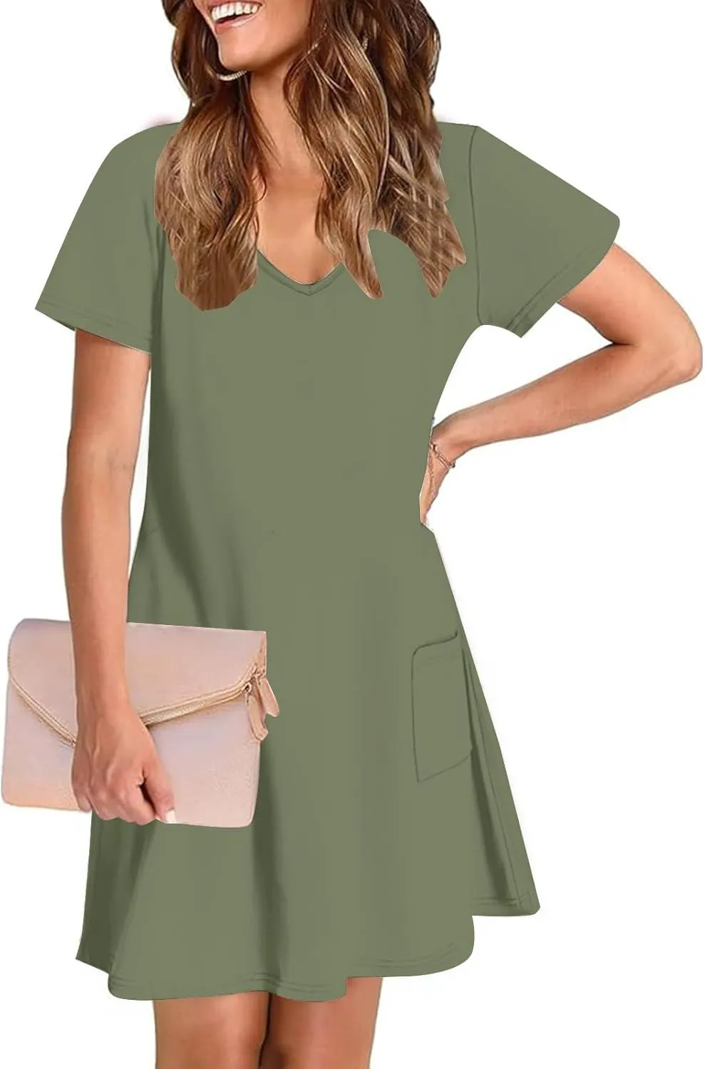 2025 Summer Dresses for Women Solid Color Short Sleeve Pleated A-Linen Dress Casual V-Neck Comfy Soft Home Dress