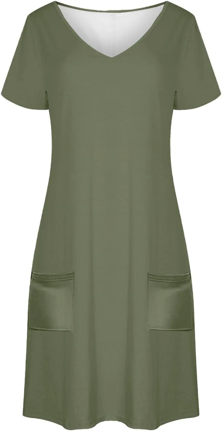 2025 Summer Dresses for Women Solid Color Short Sleeve Pleated A-Linen Dress Casual V-Neck Comfy Soft Home Dress