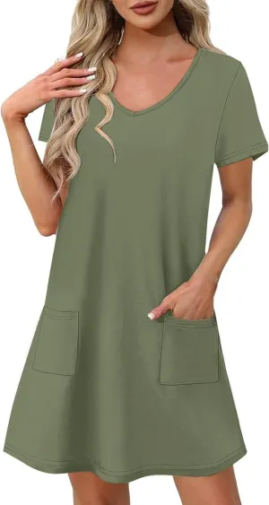 2025 Summer Dresses for Women Solid Color Short Sleeve Pleated A-Linen Dress Casual V-Neck Comfy Soft Home Dress
