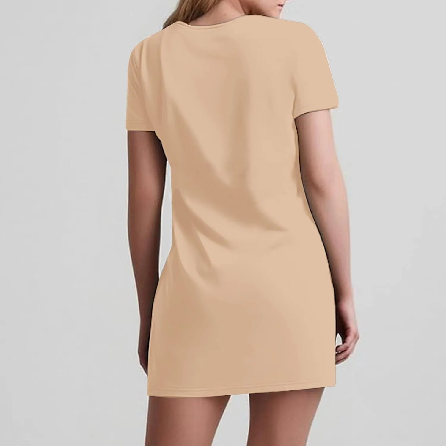 2025 Summer Dresses for Women Solid Color Short Sleeve Pleated A-Linen Dress Casual V-Neck Comfy Soft Home Dress