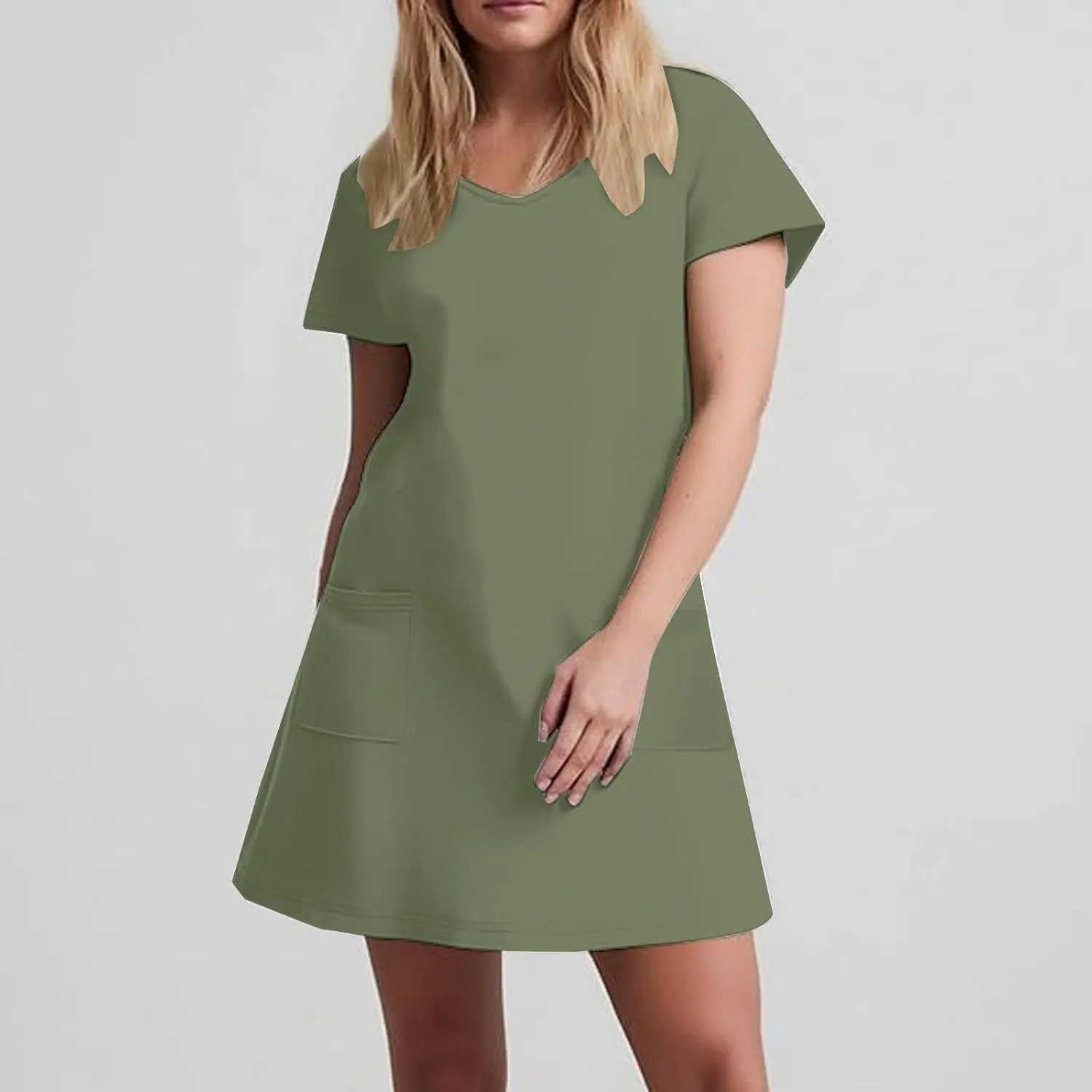 2025 Summer Dresses for Women Solid Color Short Sleeve Pleated A-Linen Dress Casual V-Neck Comfy Soft Home Dress