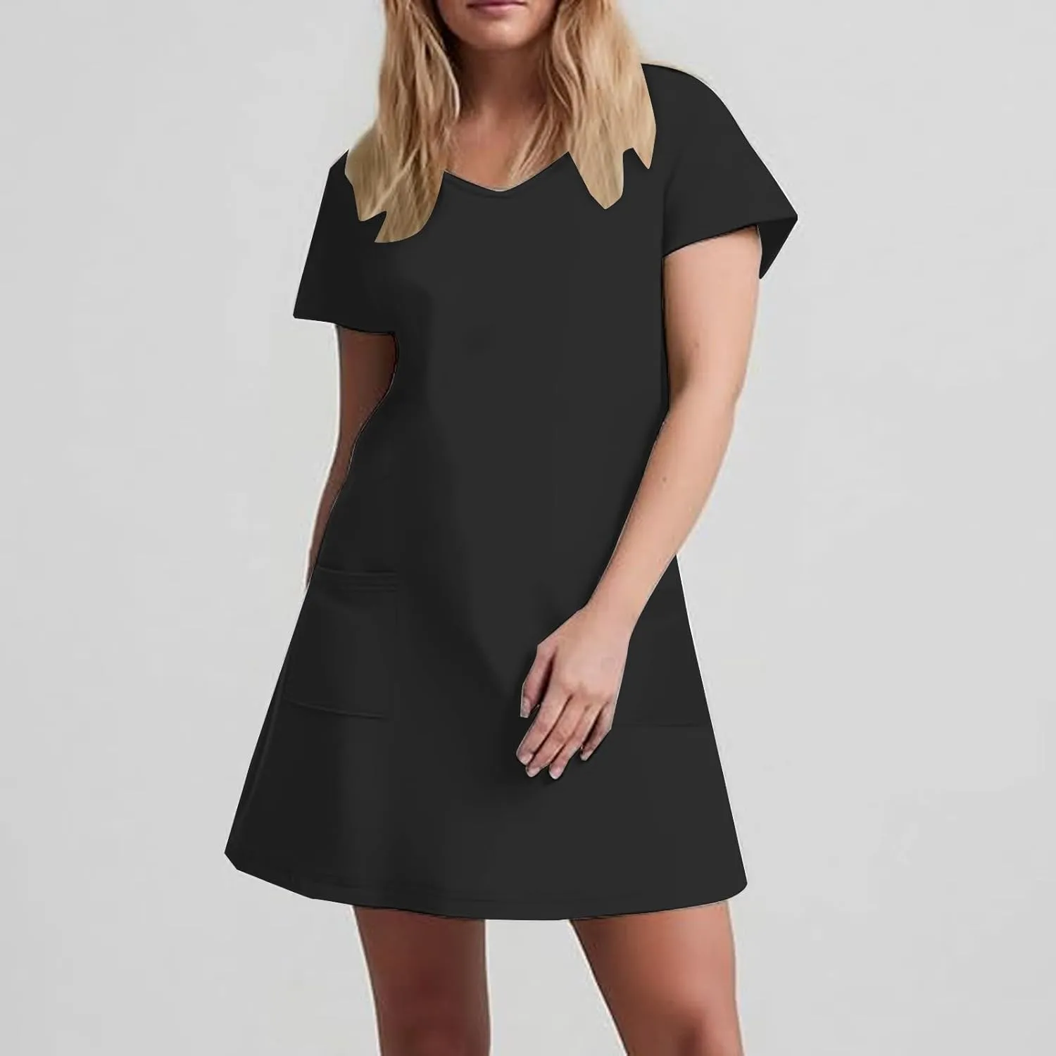 2025 Summer Dresses for Women Solid Color Short Sleeve Pleated A-Linen Dress Casual V-Neck Comfy Soft Home Dress