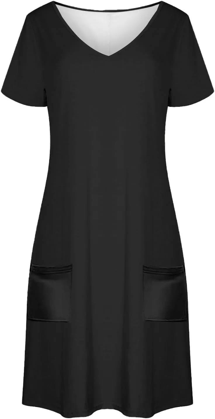2025 Summer Dresses for Women Solid Color Short Sleeve Pleated A-Linen Dress Casual V-Neck Comfy Soft Home Dress