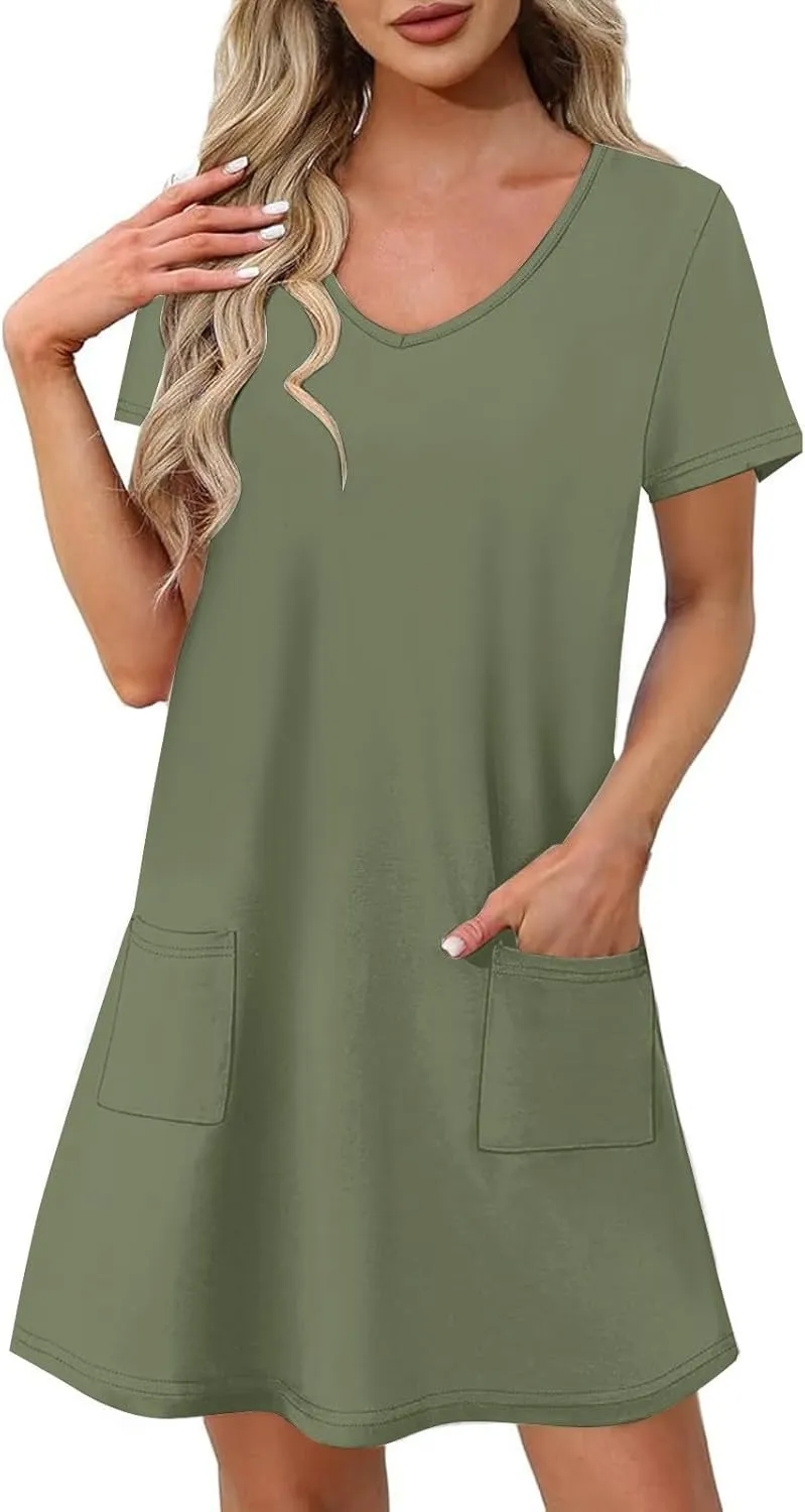 2025 Summer Dresses for Women Solid Color Short Sleeve Pleated A-Linen Dress Casual V-Neck Comfy Soft Home Dress