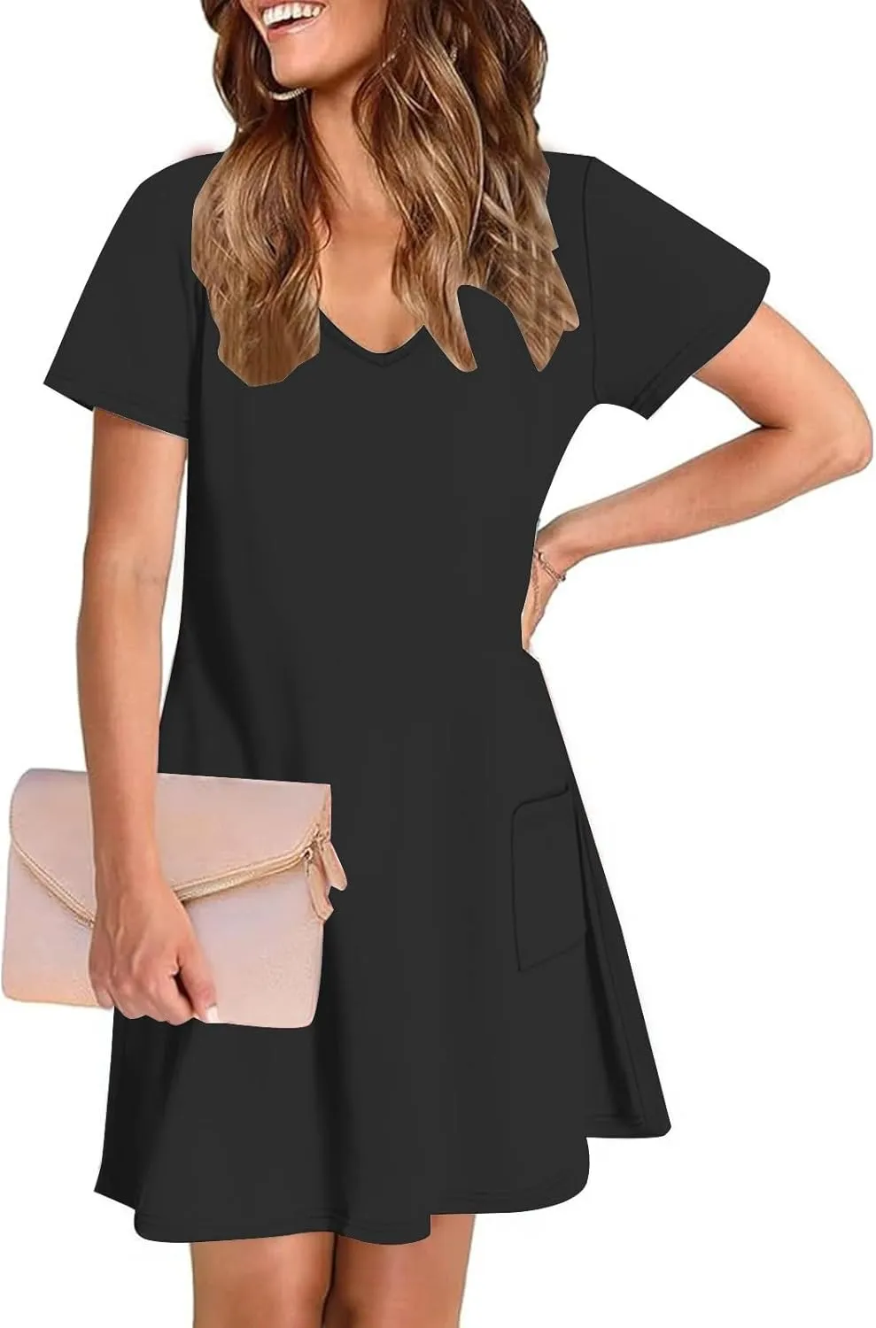 2025 Summer Dresses for Women Solid Color Short Sleeve Pleated A-Linen Dress Casual V-Neck Comfy Soft Home Dress