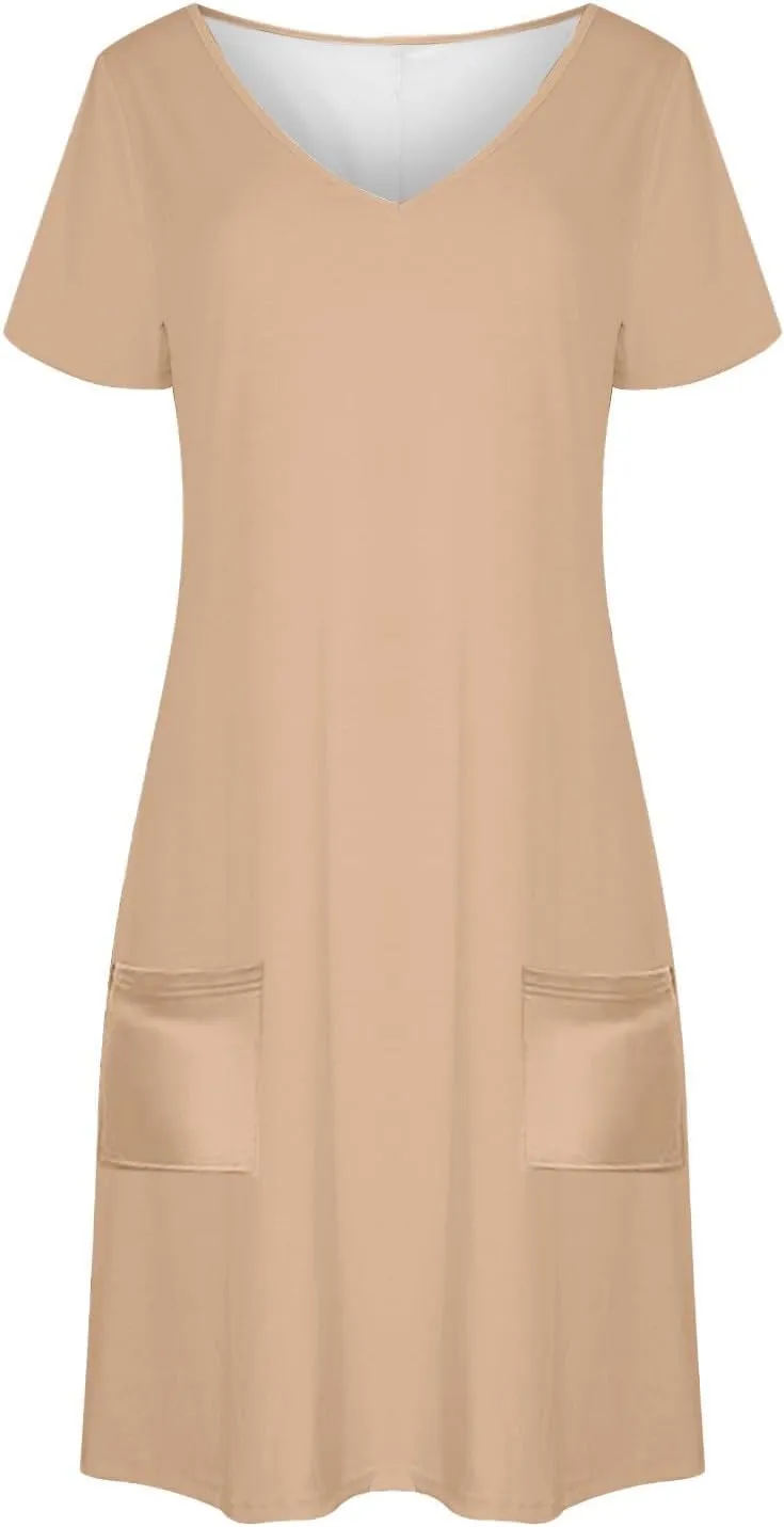 2025 Summer Dresses for Women Solid Color Short Sleeve Pleated A-Linen Dress Casual V-Neck Comfy Soft Home Dress