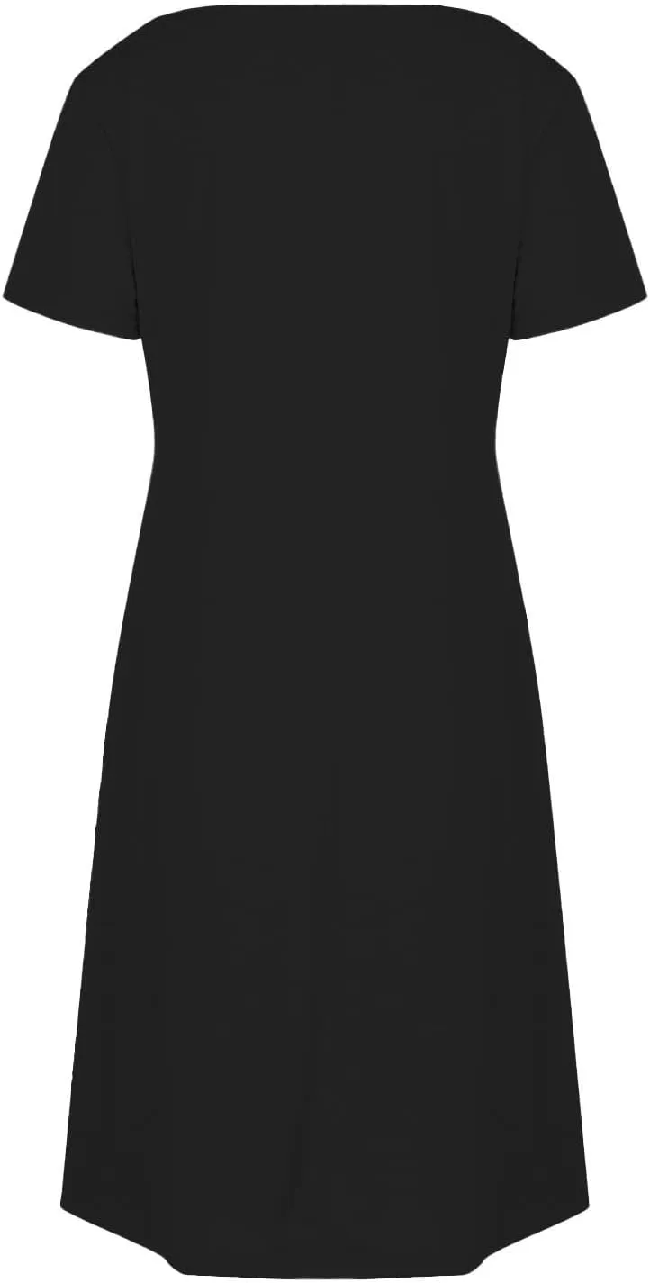 2025 Summer Dresses for Women Solid Color Short Sleeve Pleated A-Linen Dress Casual V-Neck Comfy Soft Home Dress