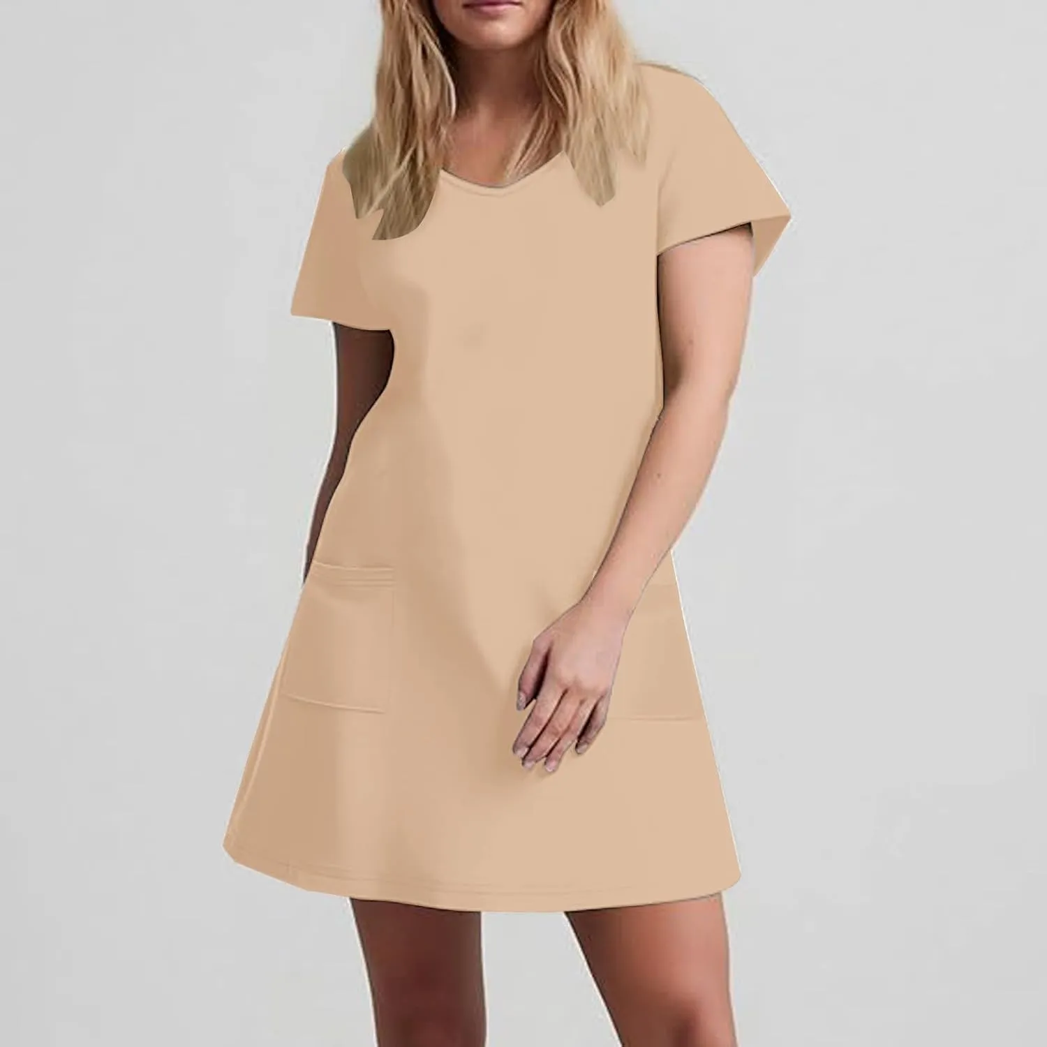 2025 Summer Dresses for Women Solid Color Short Sleeve Pleated A-Linen Dress Casual V-Neck Comfy Soft Home Dress