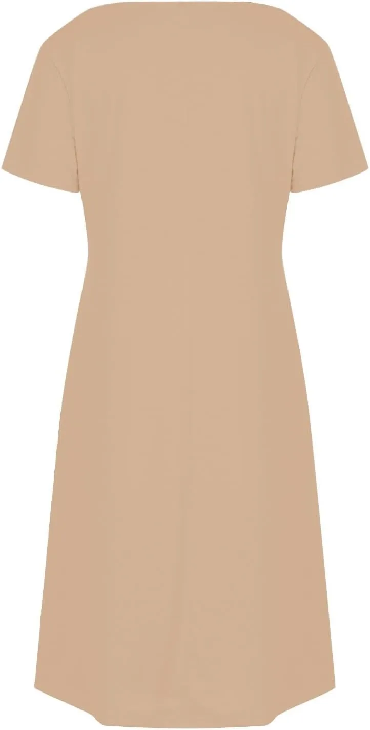 2025 Summer Dresses for Women Solid Color Short Sleeve Pleated A-Linen Dress Casual V-Neck Comfy Soft Home Dress