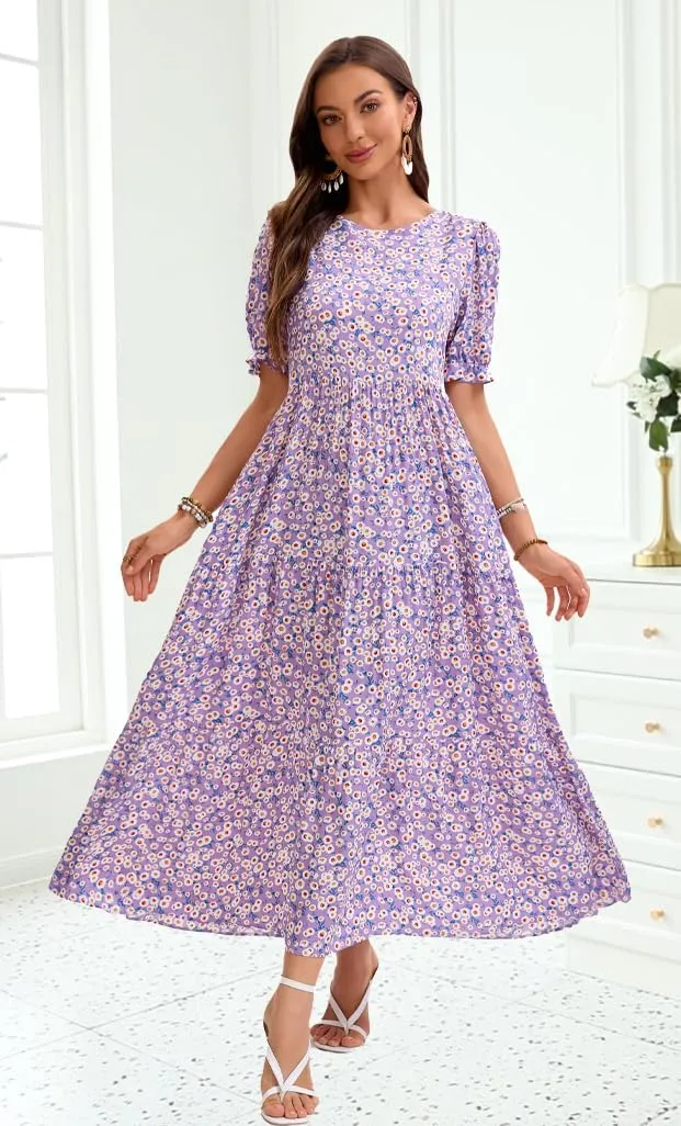 2025 Womens Boho Floral Maxi Dress Flowy Beach Loose Long Dresses for Vocation