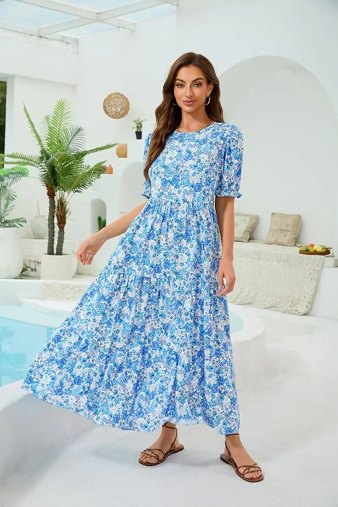 2025 Womens Boho Floral Maxi Dress Flowy Beach Loose Long Dresses for Vocation