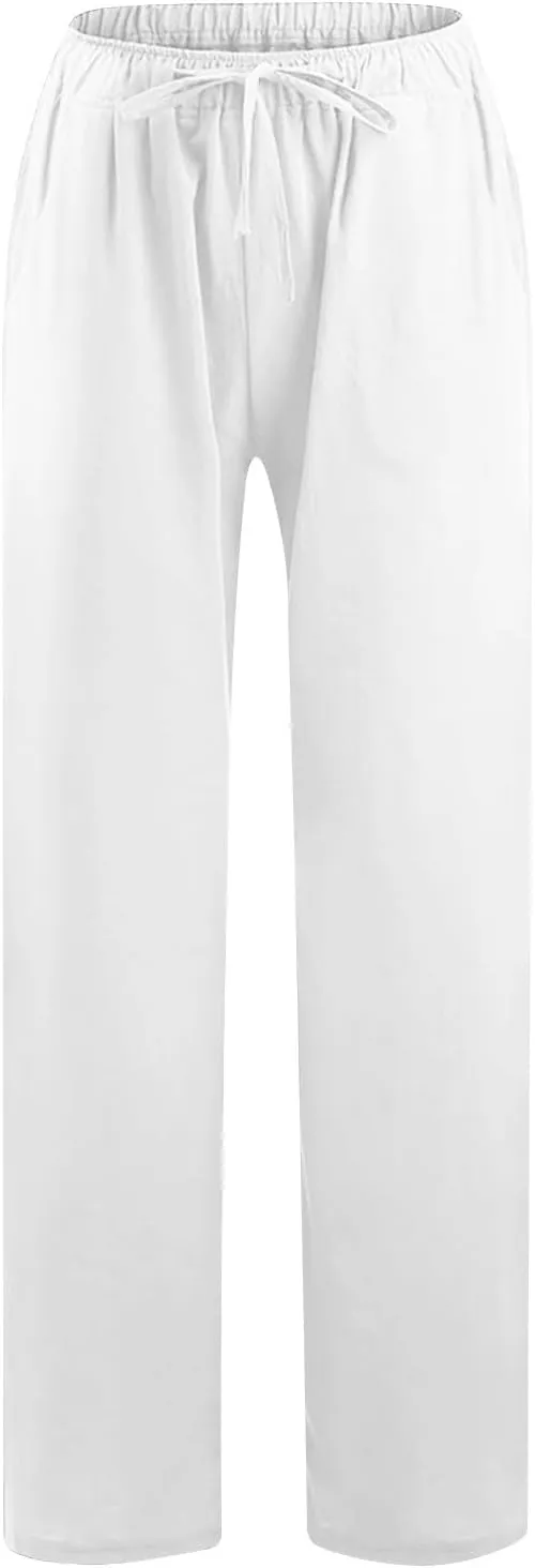 2PC Casual Baggy Cotton Linen Trouser for Women Elastic Waist Drawstring Solid Pant Summer Going Out Office Pants