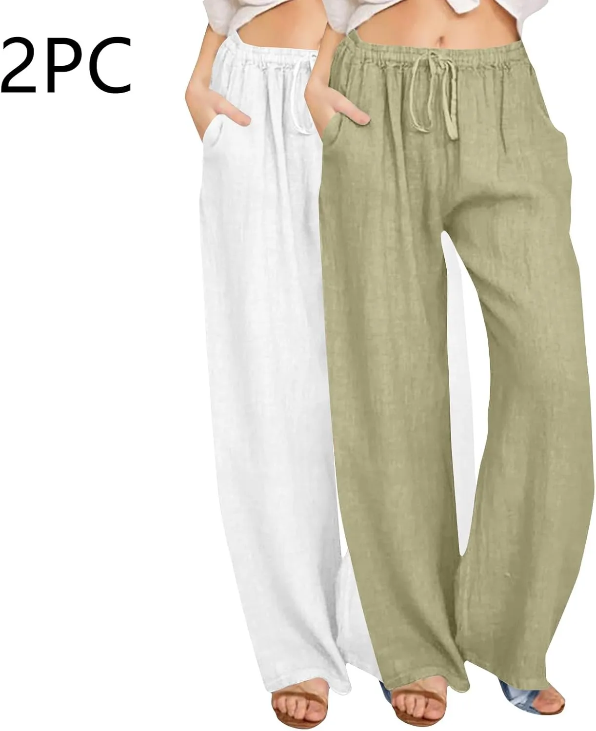 2PC Casual Baggy Cotton Linen Trouser for Women Elastic Waist Drawstring Solid Pant Summer Going Out Office Pants