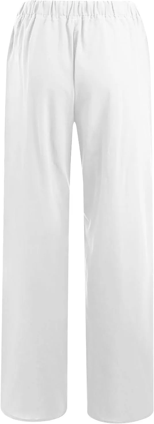 2PC Casual Baggy Cotton Linen Trouser for Women Elastic Waist Drawstring Solid Pant Summer Going Out Office Pants